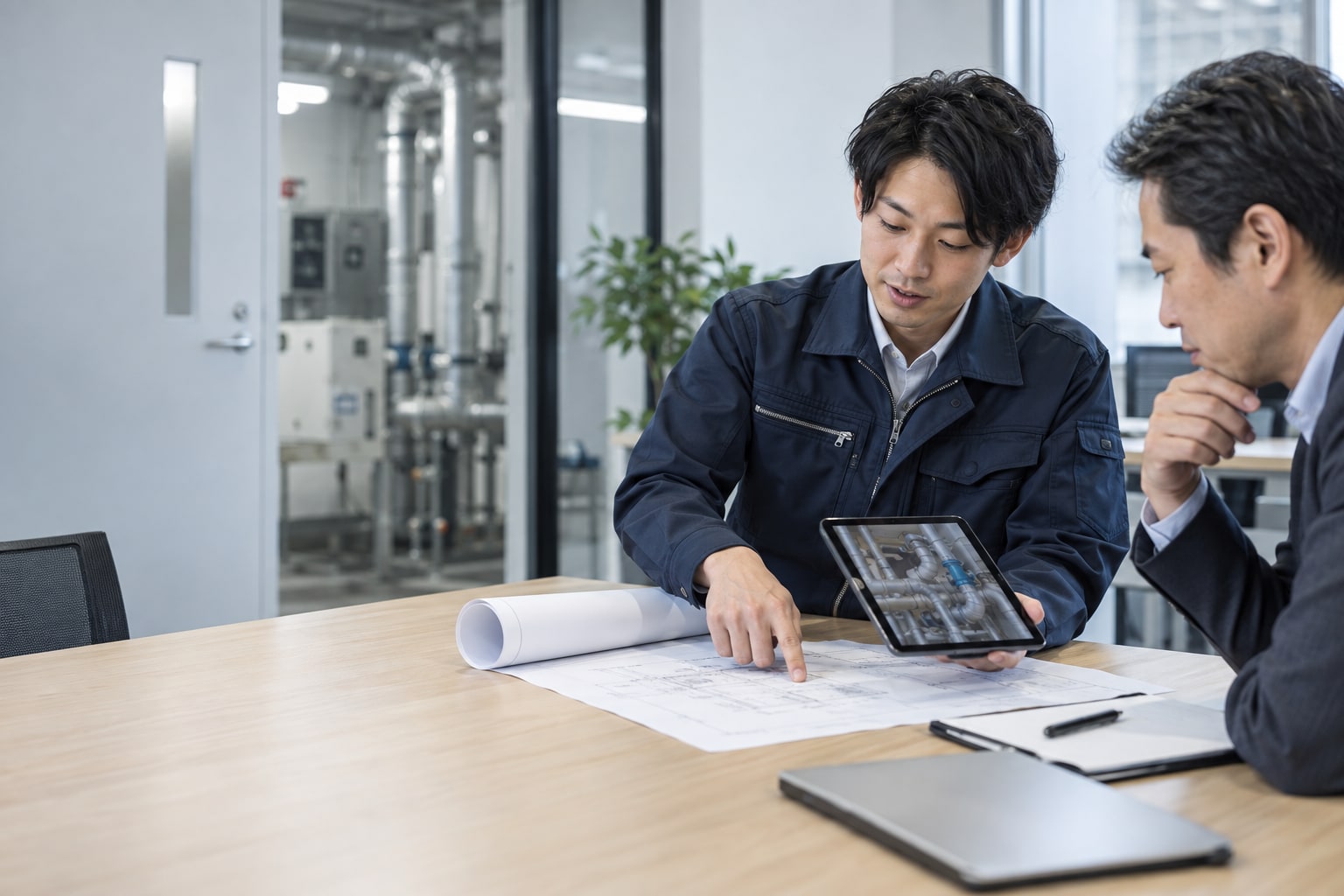 図面を見ながら作業内容を事前に説明するイメージ